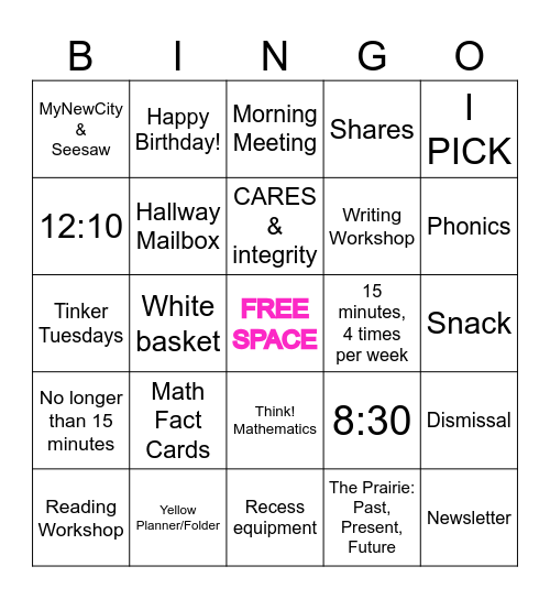 Welcome to Second Grade! Bingo Card