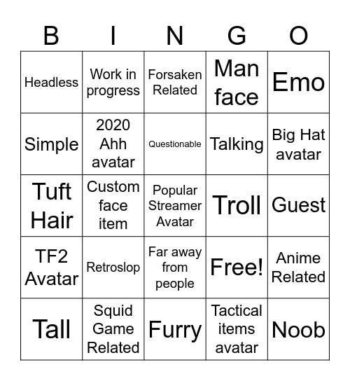 Catalog Avatar Bingo Card