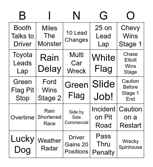 NASCAR BINGO Card