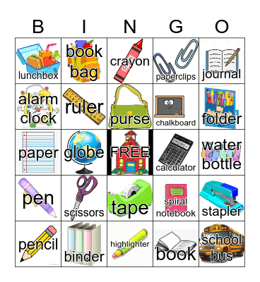School Supplies Bingo Card