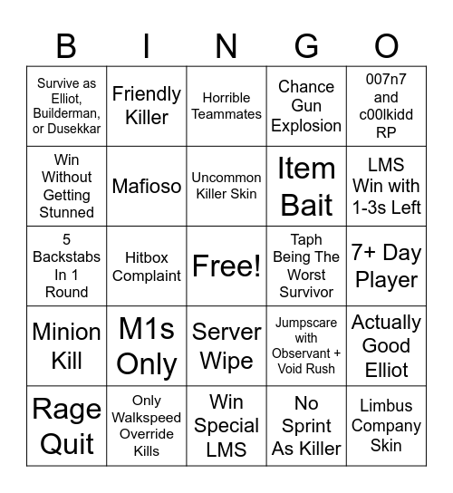 Forsaken Bingo Season 1 Bingo Card