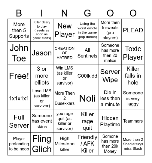 Roblox Forsaken Bingo Board Bingo Card