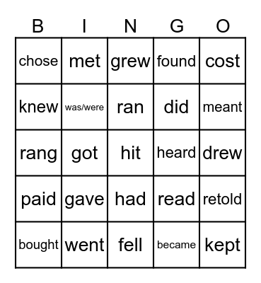 Irregular Verbs Bingo Card