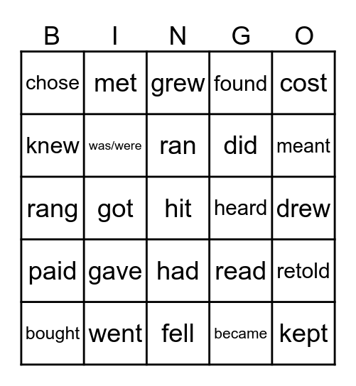 Irregular Verbs Bingo Card
