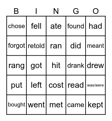 Irregular Verbs Bingo Card