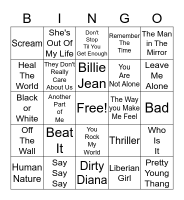 Micheal Jackson Bingo Card