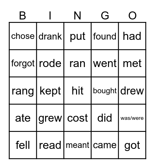 Irregular Verbs Bingo Card