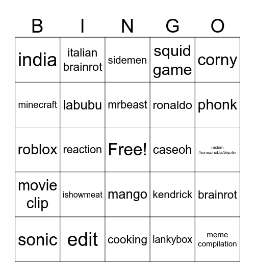 yt shorts Bingo Card