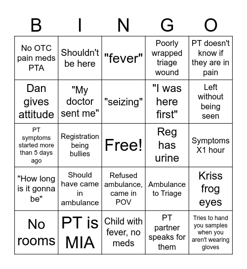Triage Bingo Card