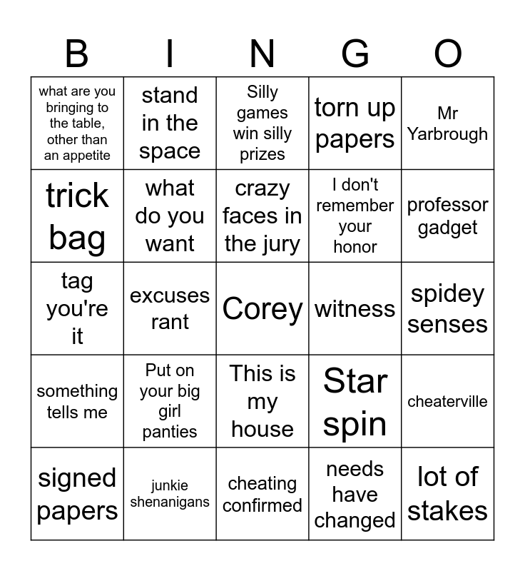 Divorce Court Bingo Card