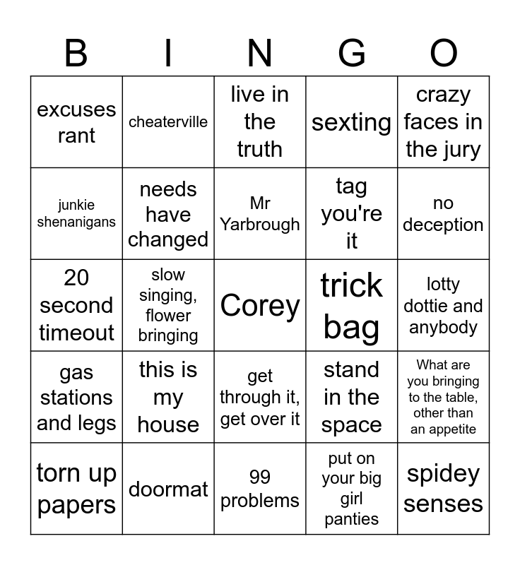 Divorce Court Bingo Card