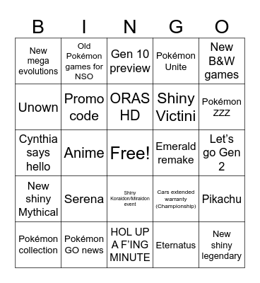 Pokémon Presents Bingo Card