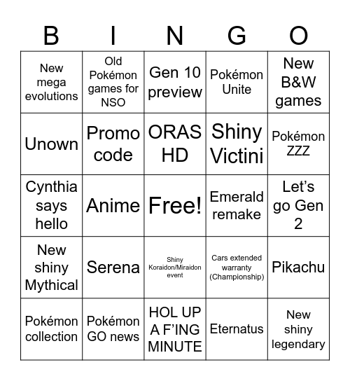 Pokémon Presents Bingo Card