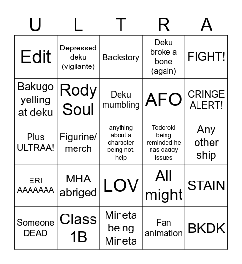 MHA Bingo Card