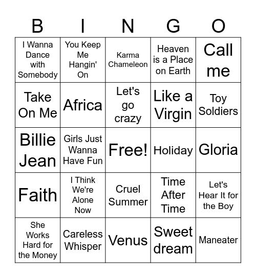 Pop Hits Bingo Card