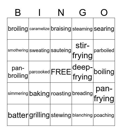 COOKING METHODS Bingo Card