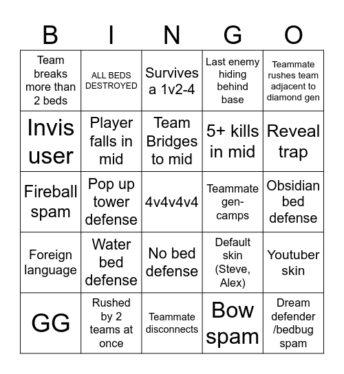 Hypixel bedwars 4v4v4v4 Bingo Card