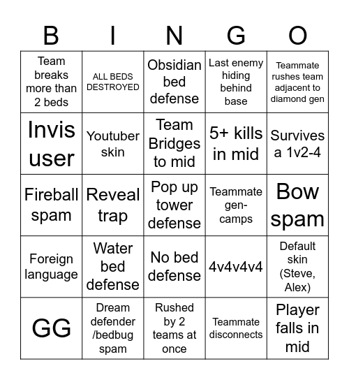 Hypixel bedwars 4v4v4v4 Bingo Card