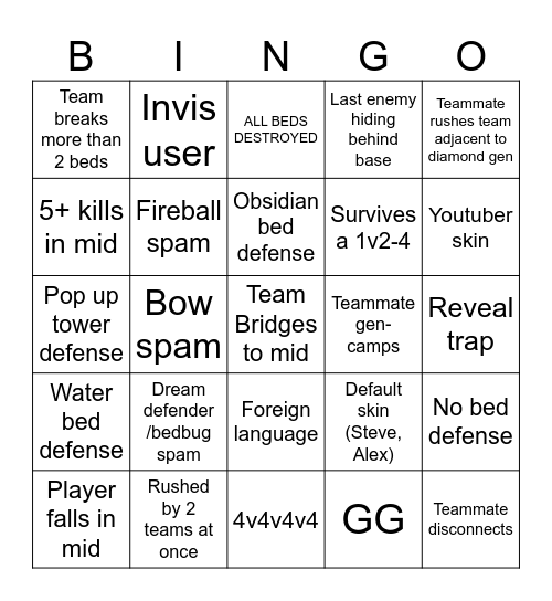 Hypixel bedwars 4v4v4v4 Bingo Card