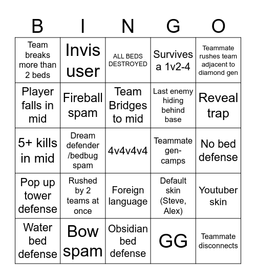 Hypixel bedwars 4v4v4v4 Bingo Card