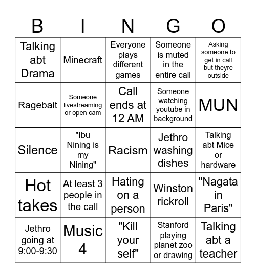 Da grup discord call Bingo Card