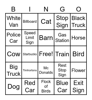 Road Trip Bingo Card
