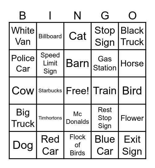 Road Trip Bingo Card