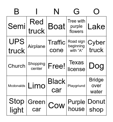 Road Trip Bingo Card