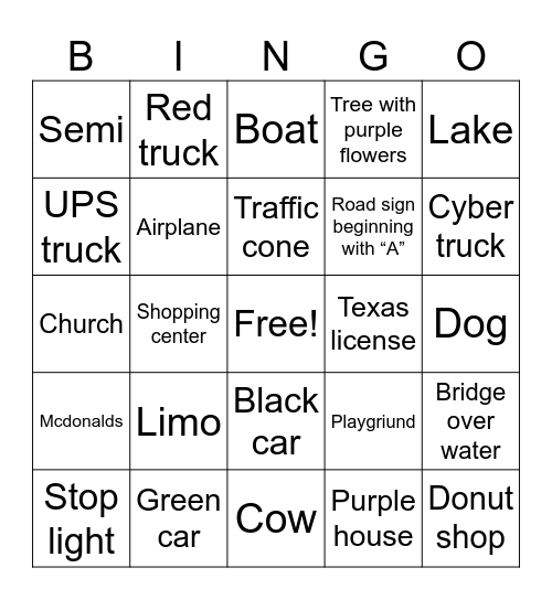 Road Trip Bingo Card
