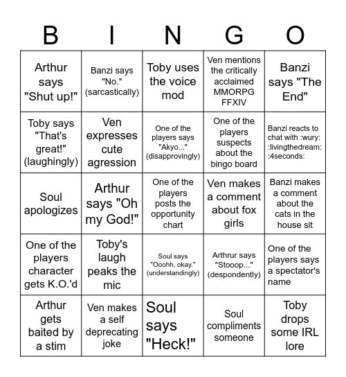The Second Final Prime Time Two Electric Boogaloo: Oyka's Revenge Bingo Card