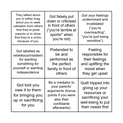 Narcissistic Bingo Card
