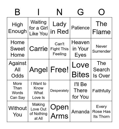 80's power ballads Bingo Card