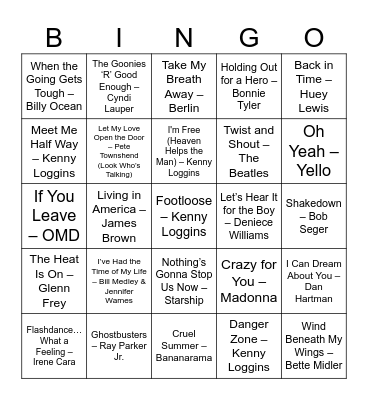 80's Movie Soundtracks Bingo Card