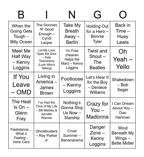 80's Movie Soundtracks Bingo Card