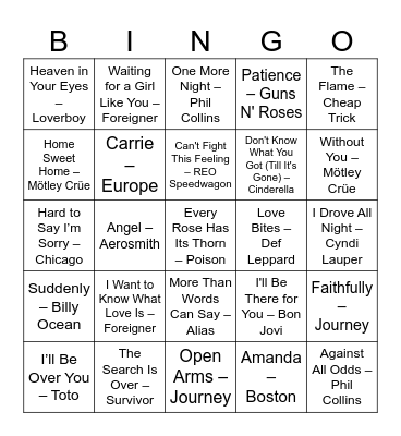 80's Power Ballads Bingo Card