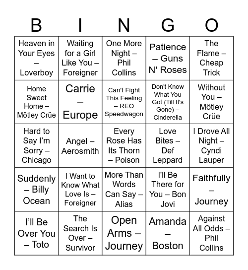 80's Power Ballads Bingo Card