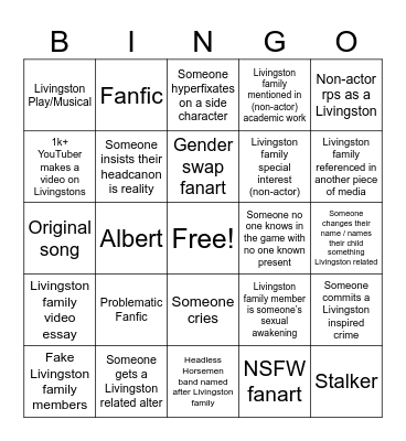 Livingston Fandom Bingo Card