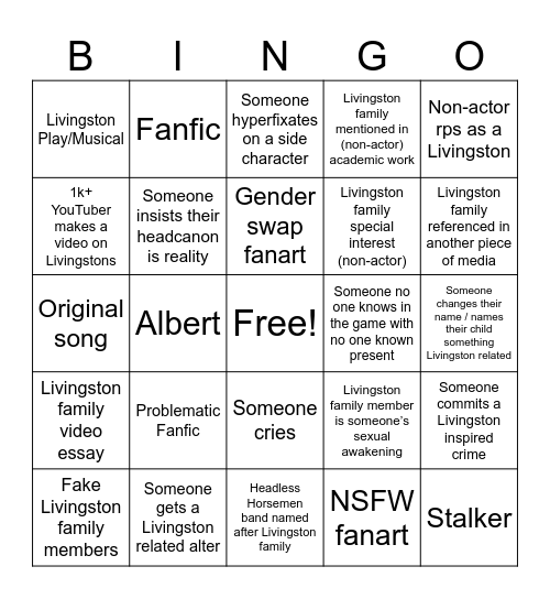 Livingston Fandom Bingo Card