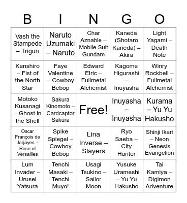 Anime Bingo Card