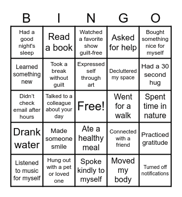 Self-Care Bingo Card