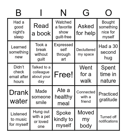 Self-Care Bingo Card