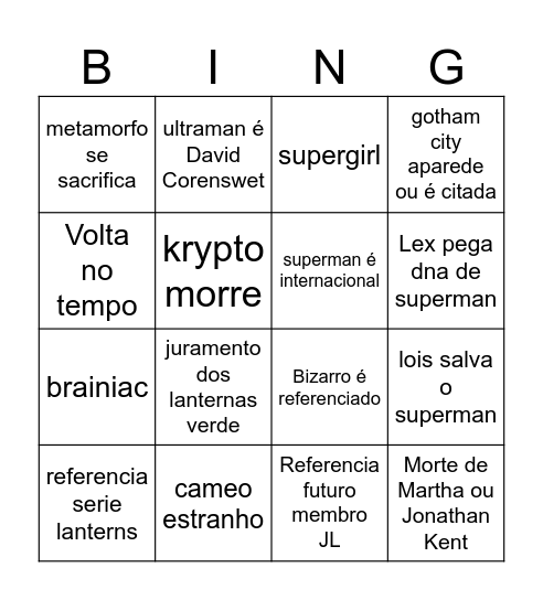 Superman Bingo Card
