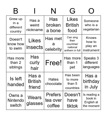 Class Bingo: Find someone who Bingo Card