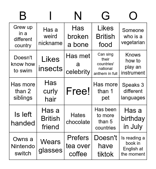Class Bingo: Find someone who Bingo Card