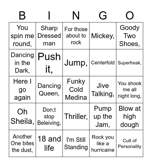 Best of the 80's Bingo Card