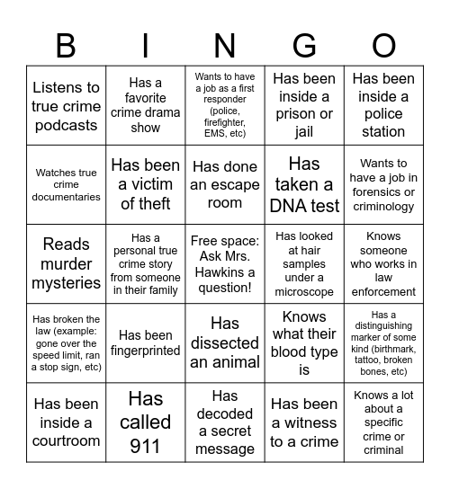 First Day of Forensics - Find Someone Who... Bingo Card