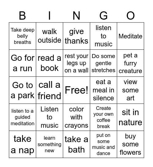 Take a Break Bingo Card