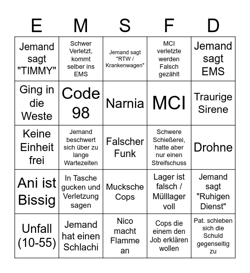 EMS Bingo Card