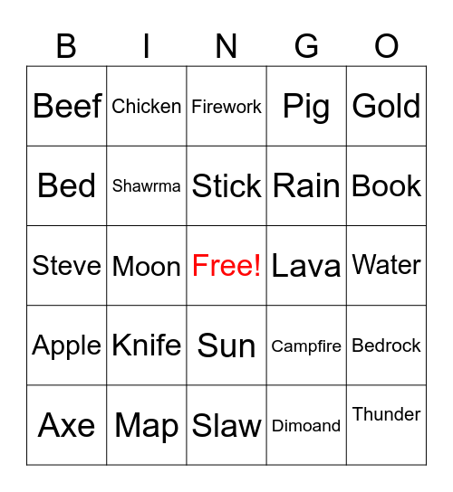 Minecraft Bingo Card