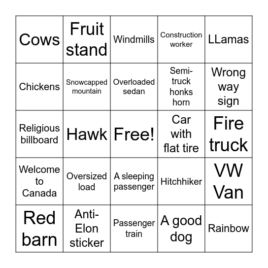 Road Trip Bingo Card